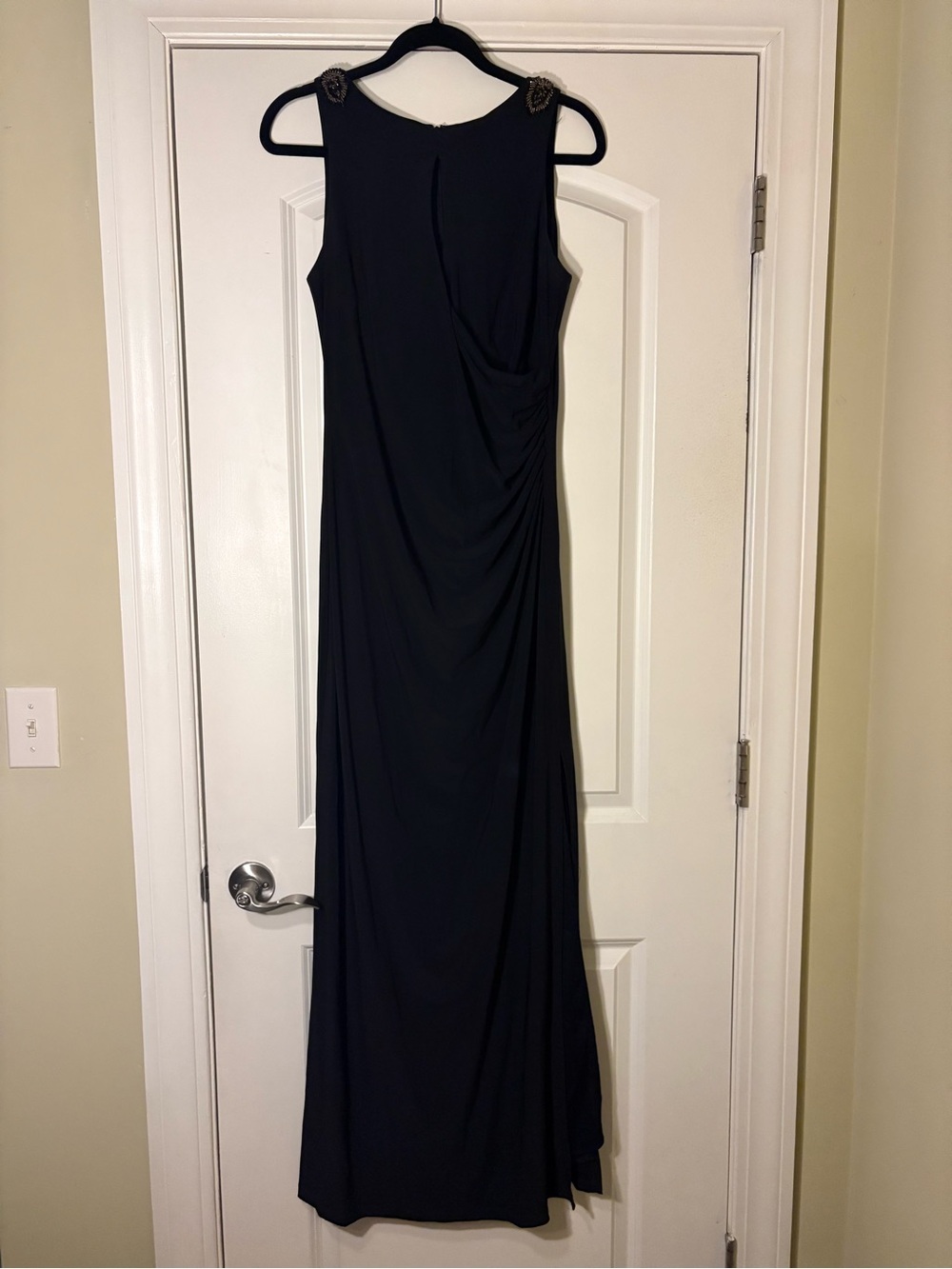 Betsy & Adam Black Sleeveless Maxi Dress with Embellished Shoulders